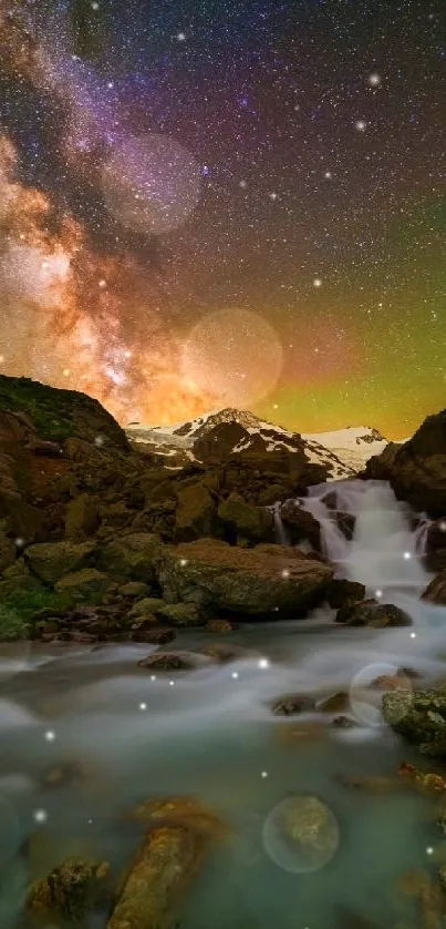 Milky Way over waterfall with starry night sky scene.