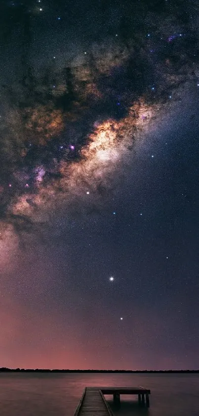 Milky Way galaxy over the ocean horizon at night.