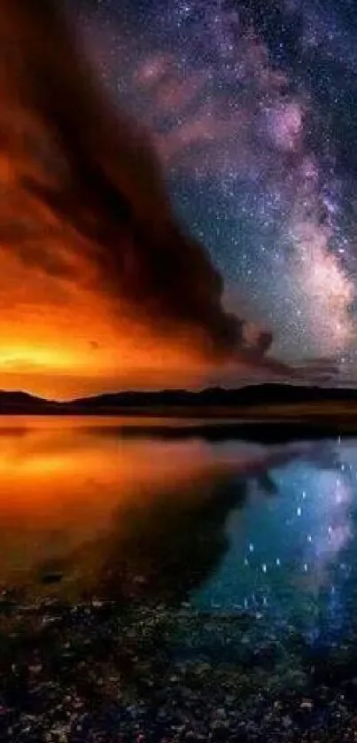 Milky Way and fiery sunset reflected over tranquil water.