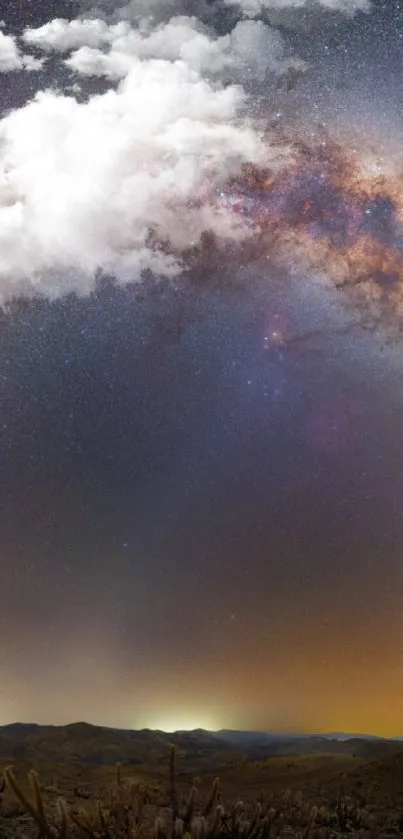 Panoramic view of the Milky Way galaxy arcing over a serene landscape.