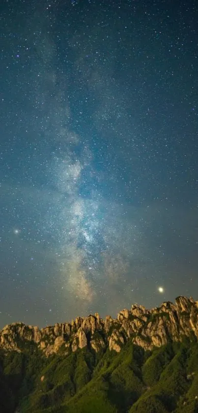 Milky Way galaxy over mountain peaks at night.