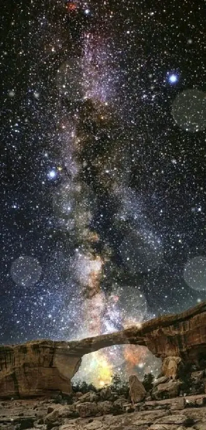 Milky Way galaxy arches over a rocky landscape at night filled with stars.