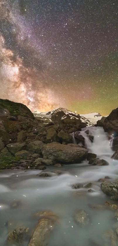 Milky Way and waterfall under a starry night sky.