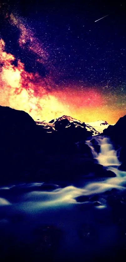 Milky Way over waterfall with glowing sky and mountains.