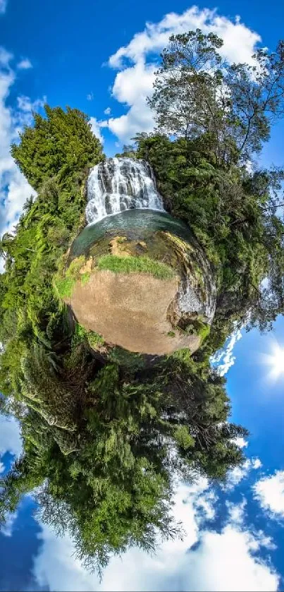 Mini planet with waterfall and blue sky in vibrant nature.