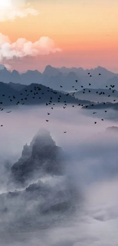 Misty mountains with sunset sky and birds in flight, creating a serene wallpaper.