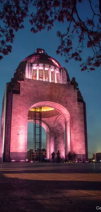 Illuminated monument against night sky, pink glow highlighting architecture.