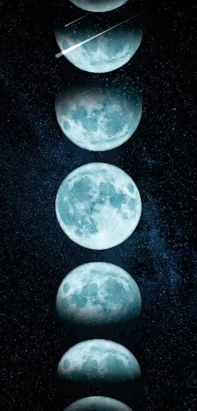 Mobile wallpaper featuring moon phases against a starry night sky.