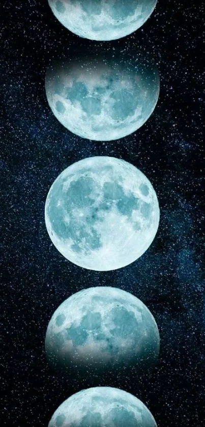 Mobile wallpaper showcasing moon phases on a starry dark blue background.