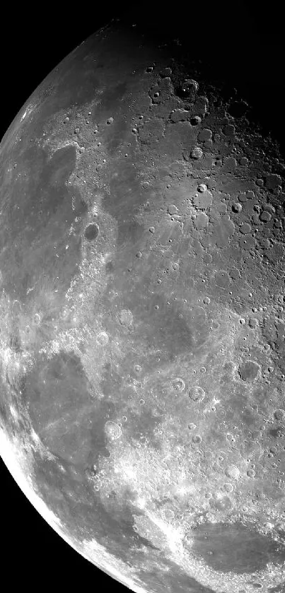 Black and white close-up of the moon’s cratered surface.