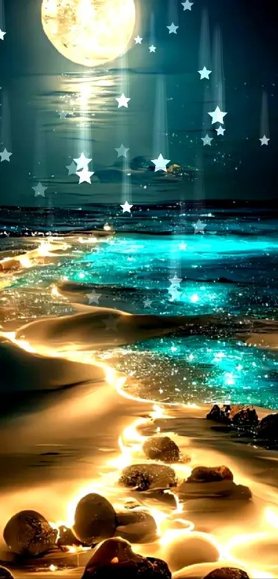 Moonlit beach path with glowing sand and sparkling water under night sky.