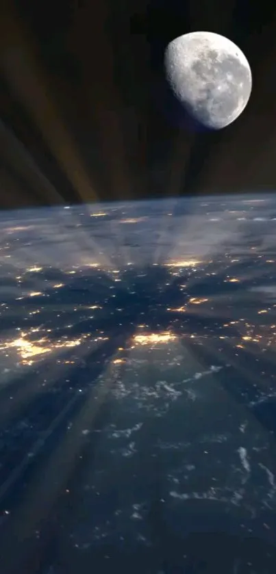 Moonlit Earth with glowing city lights from space.