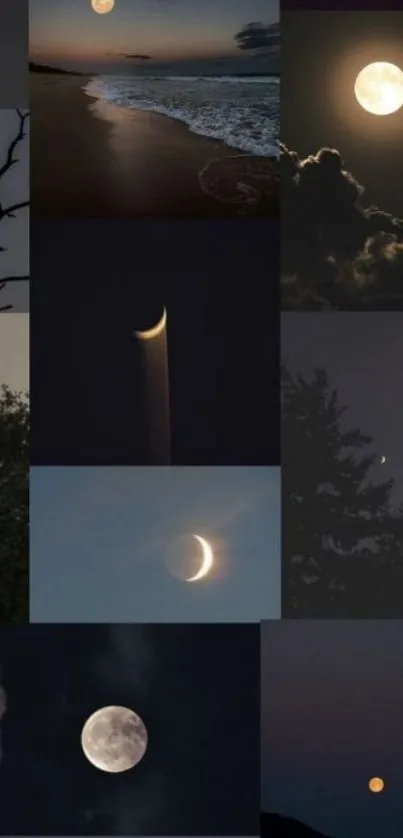 Collage of moonlit night skies with clouds and serene landscapes.