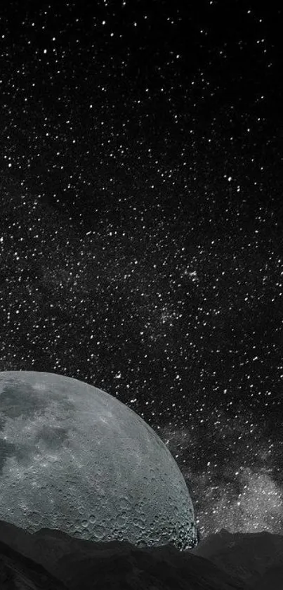 Moonlit sky with stars and lunar landscape wallpaper.