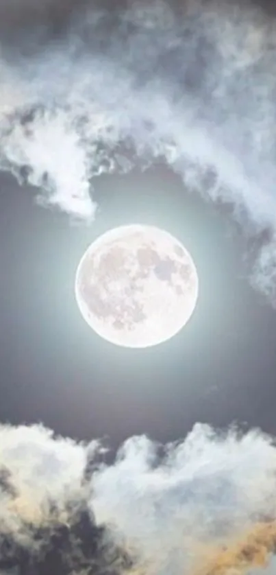 Mobile wallpaper of a full moon surrounded by soft, glowing clouds at night.