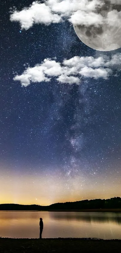 Moonlit sky over a lake with starry reflections.