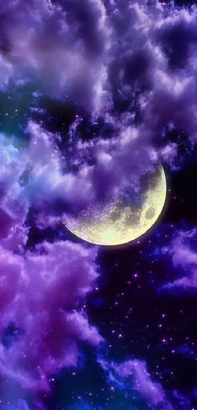 Moonlit sky with purple clouds and stars, perfect for mobile wallpaper.