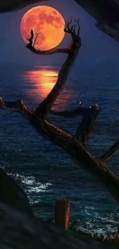 Moonlit ocean scene with orange moon and silhouetted tree.