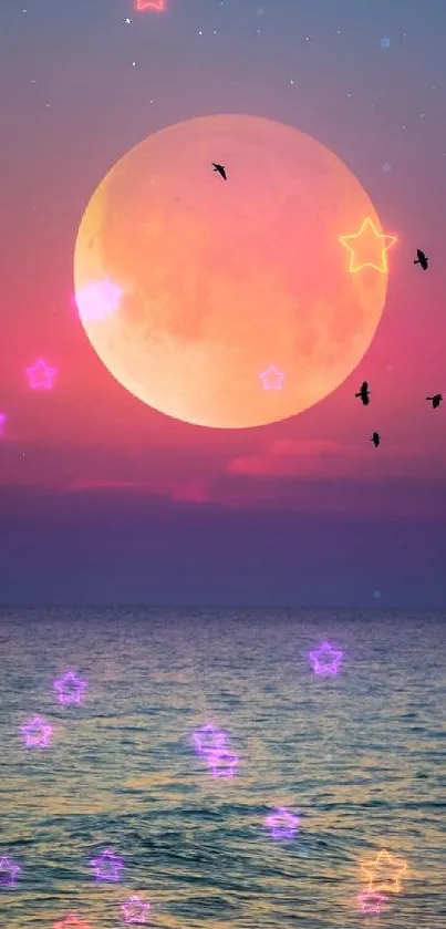 Full moon rising over a serene pink ocean twilight, creating a tranquil mobile wallpaper.