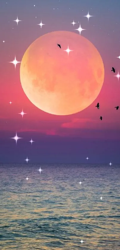 Moonlit ocean at dusk with birds flying across a pink and blue sky.