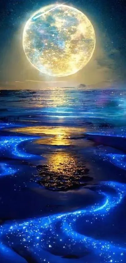 Moonlit ocean waves with luminous blue glow and celestial ambiance.