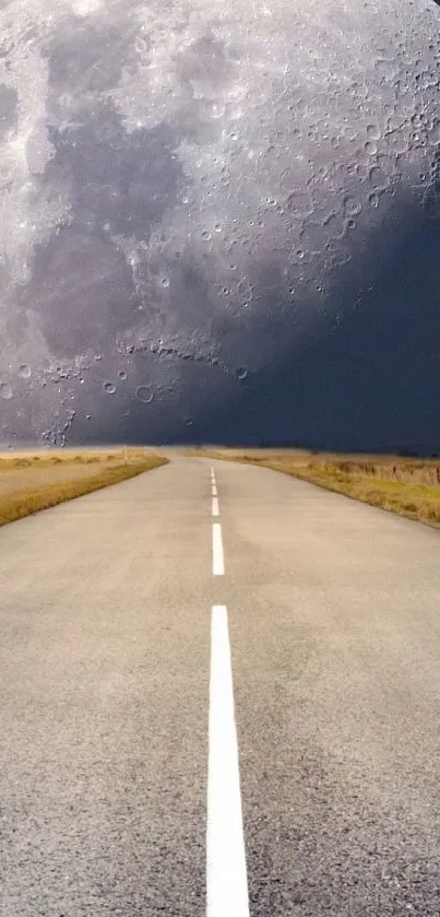 Moonlit road leading to a large moon in a dark, starry sky.