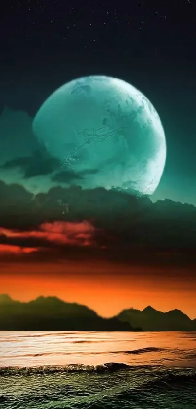 Moonlit seascape with vibrant sky hues for mobile wallpaper.