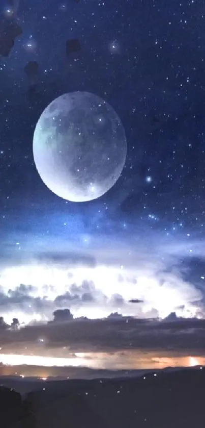 Moonlit night sky with full moon and stars over a serene landscape.