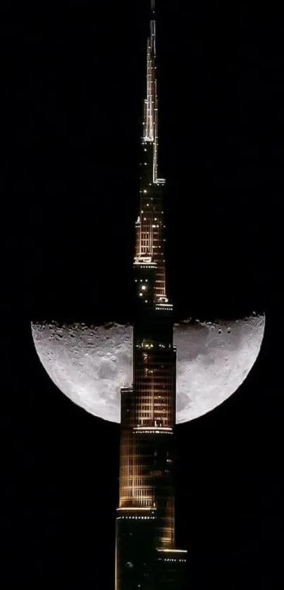 Moonlit skyline with towering structure against a dark sky.