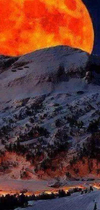 Breathtaking moonrise over snowy mountains with vibrant orange hues.