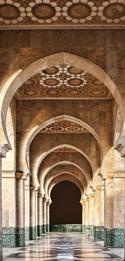 Intricate mosque archway with golden brown hues and elegant design.