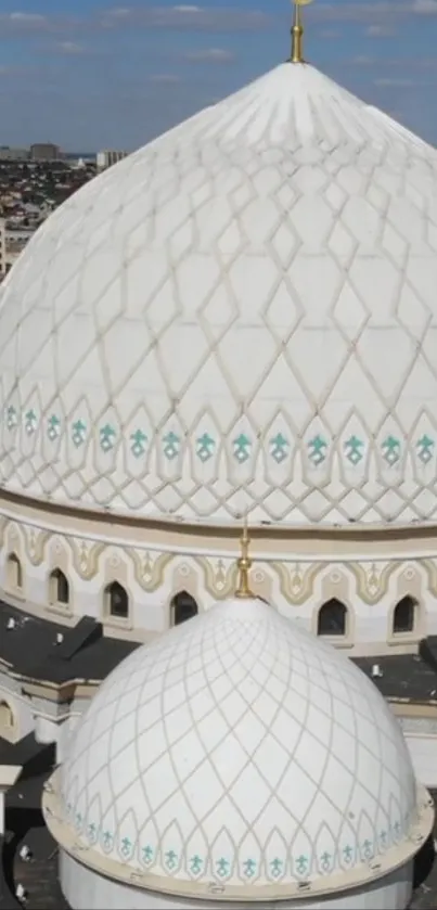 Elegant white mosque dome with intricate design against a serene sky.