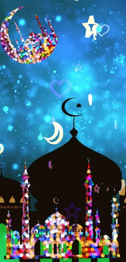 Vibrant mosque night scene with a crescent moon, perfect for mobile wallpaper.