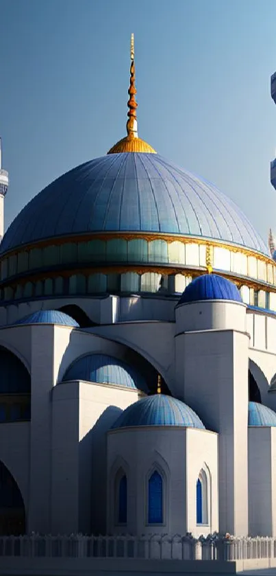 Beautiful mosque with blue domes and minarets under a clear sky.