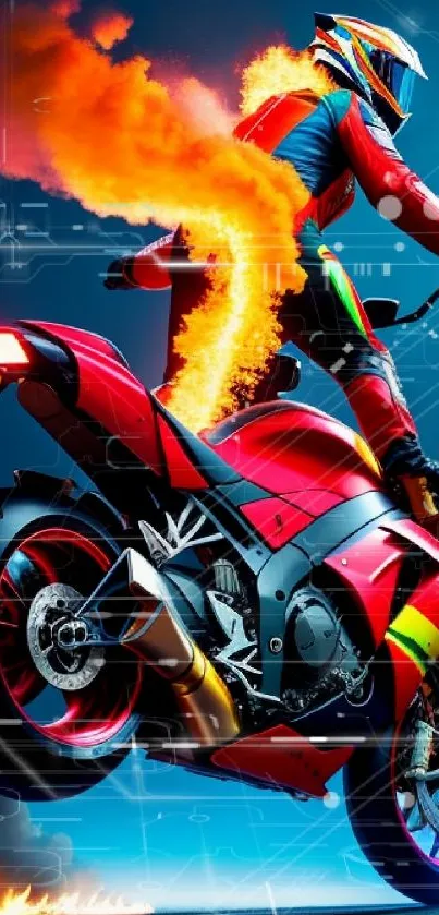 Fiery motorcycle rider on a vibrant red bike with flames on a dynamic road scene.