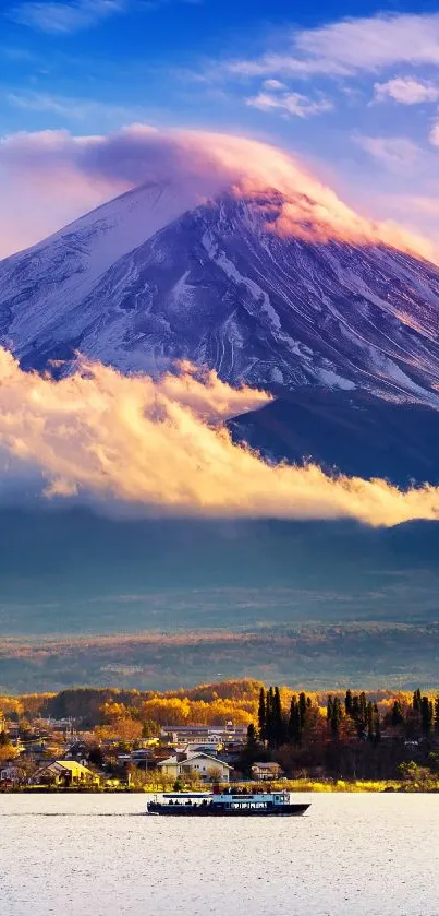 Majestic Mount Fuji with sunset and serene lake view, ideal for mobile wallpaper.