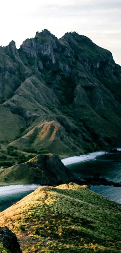 Mobile wallpaper of a stunning mountain landscape and sea view.