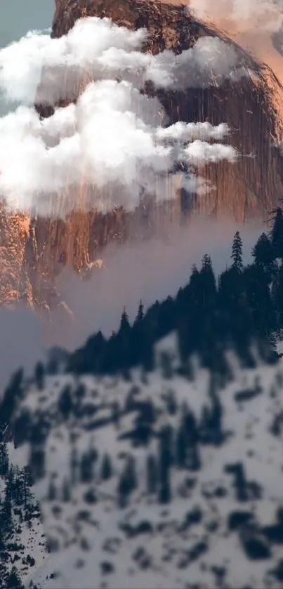 Mountain peak with clouds at sunset, creating a serene and beautiful view.