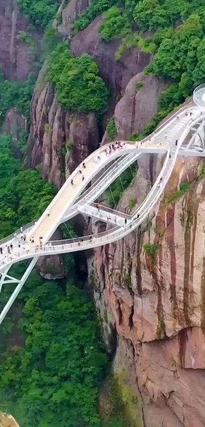 A modern bridge winds over lush green mountain landscape.