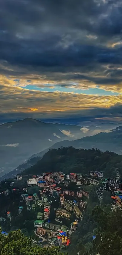 Mountain cityscape with dramatic skies at dusk, showcasing serene beauty.