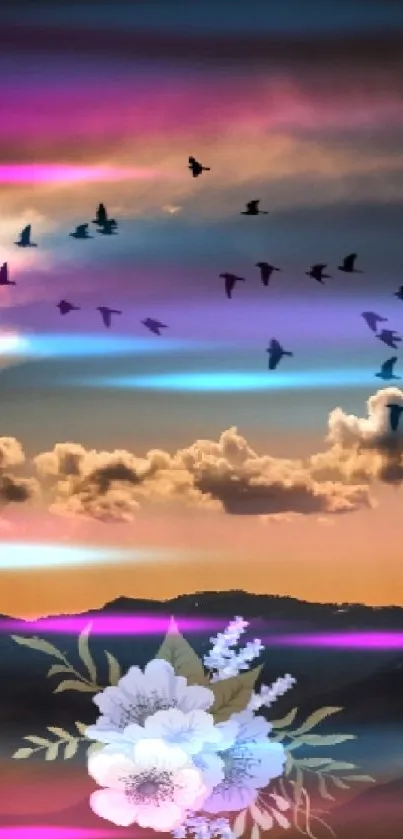 Wallpaper of a sunset over mountains with flying birds and floral patterns.