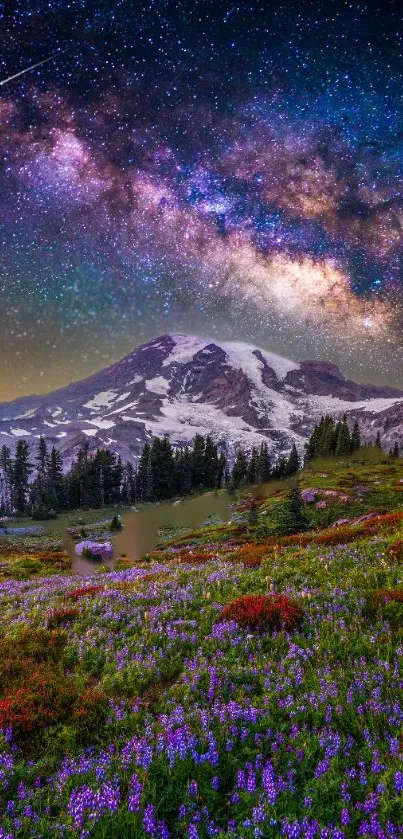 Mountain landscape with starry galaxy sky and colorful meadow flowers.