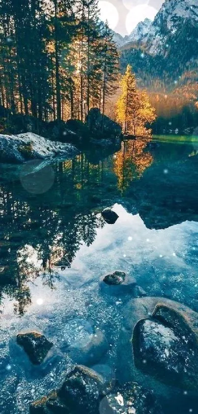 Beautiful mountain lake with reflections of trees and a distant peak.