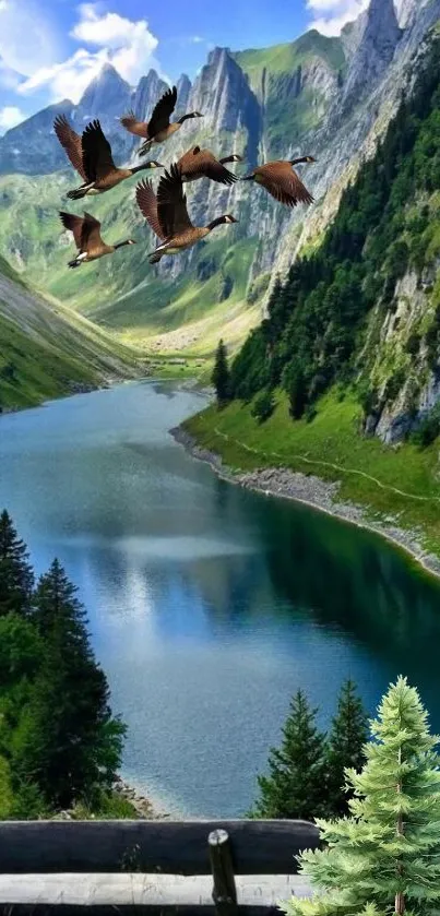 Scenic mountain lake with flying birds and lush greenery.