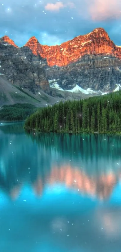 Mountain lake with vibrant reflections under a sunrise glow.