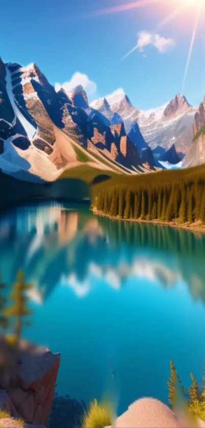 Serene mountain lake with blue waters and pine forest under a clear sky.