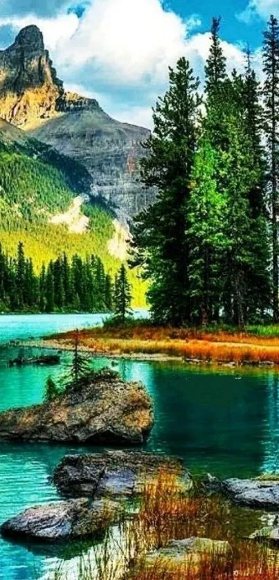 Stunning mountain lake with turquoise water and evergreen trees.