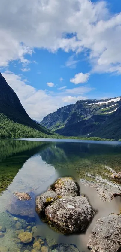 Scenic view of mountain lake with reflection and blue sky.