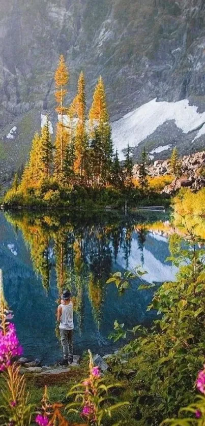 A stunning mountain lake with a lone hiker and vibrant wildflowers.