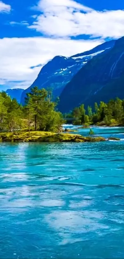 Serene mountain lake with lush forest and vibrant cyan water.